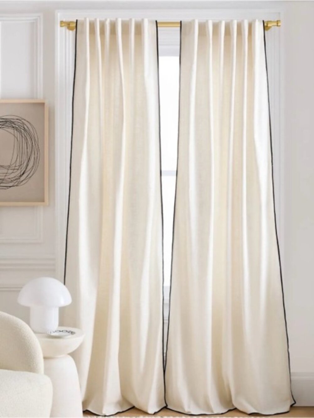 Quince Piped Edge Cotton Cream and Black Curtain Panels 48" x 96" 2 Panels NWOT